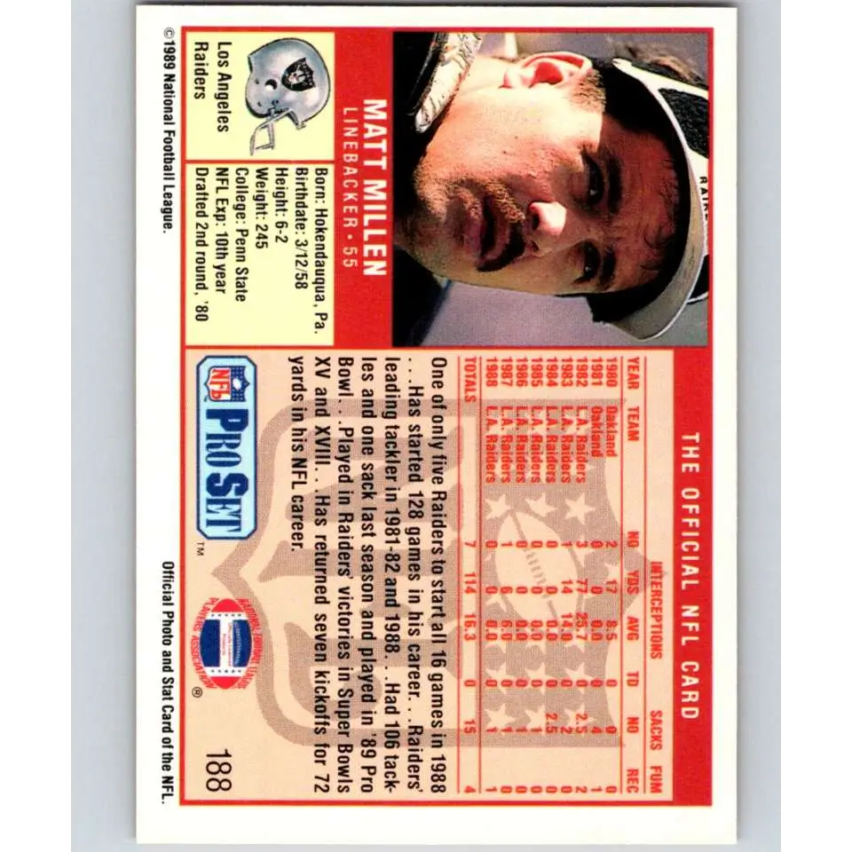 1989 Pro Set #188 Matt Millen NM-MT Los Angeles Raiders Football Card Image 2