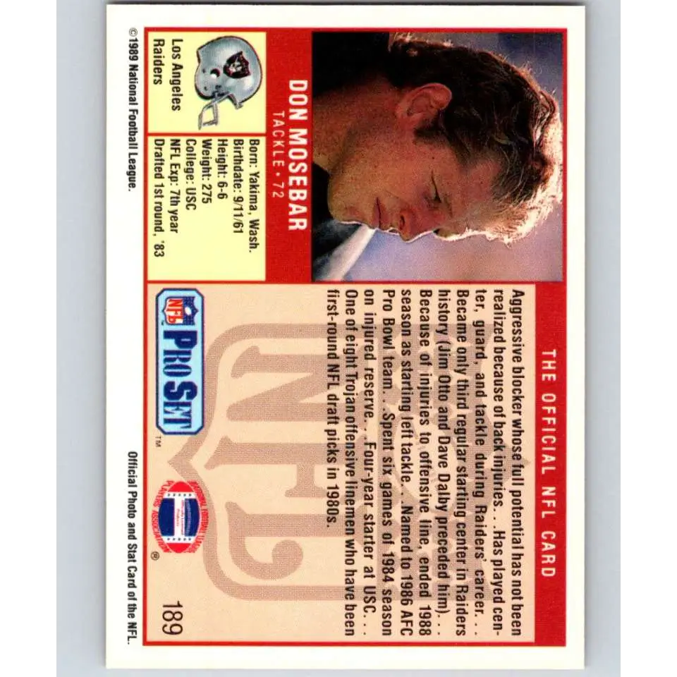 1989 Pro Set #189 Don Mosebar NM-MT RC Rookie Los Angeles Raiders Football Card Image 2