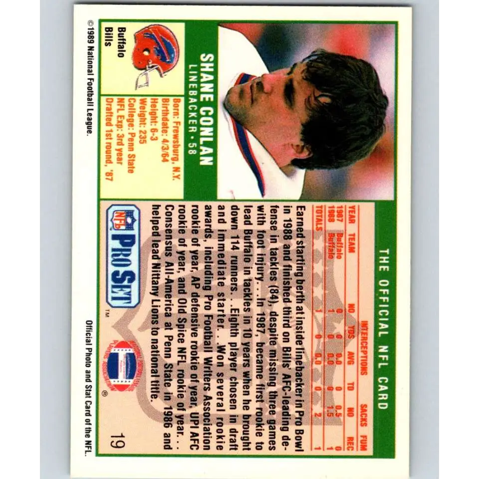 1989 Pro Set #19 Shane Conlan NM-MT Buffalo Bills Football Card Image 2