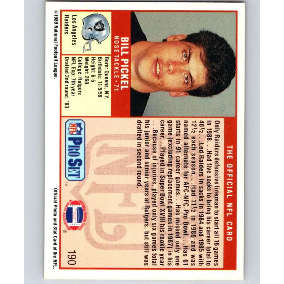 1989 Pro Set #190 Bill Pickel NM-MT Los Angeles Raiders Football Card Image 2