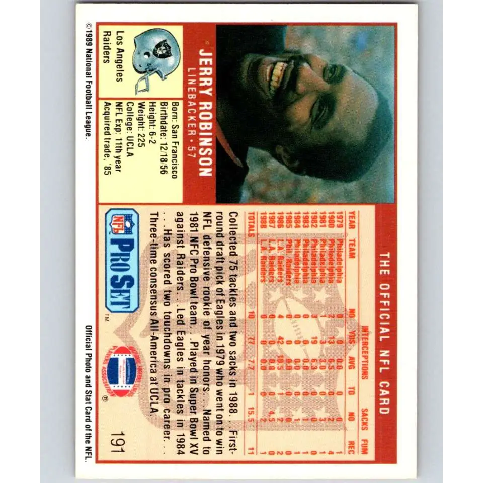 1989 Pro Set #191 Jerry Robinson UER NM-MT Los Angeles Raiders Football Card Image 2