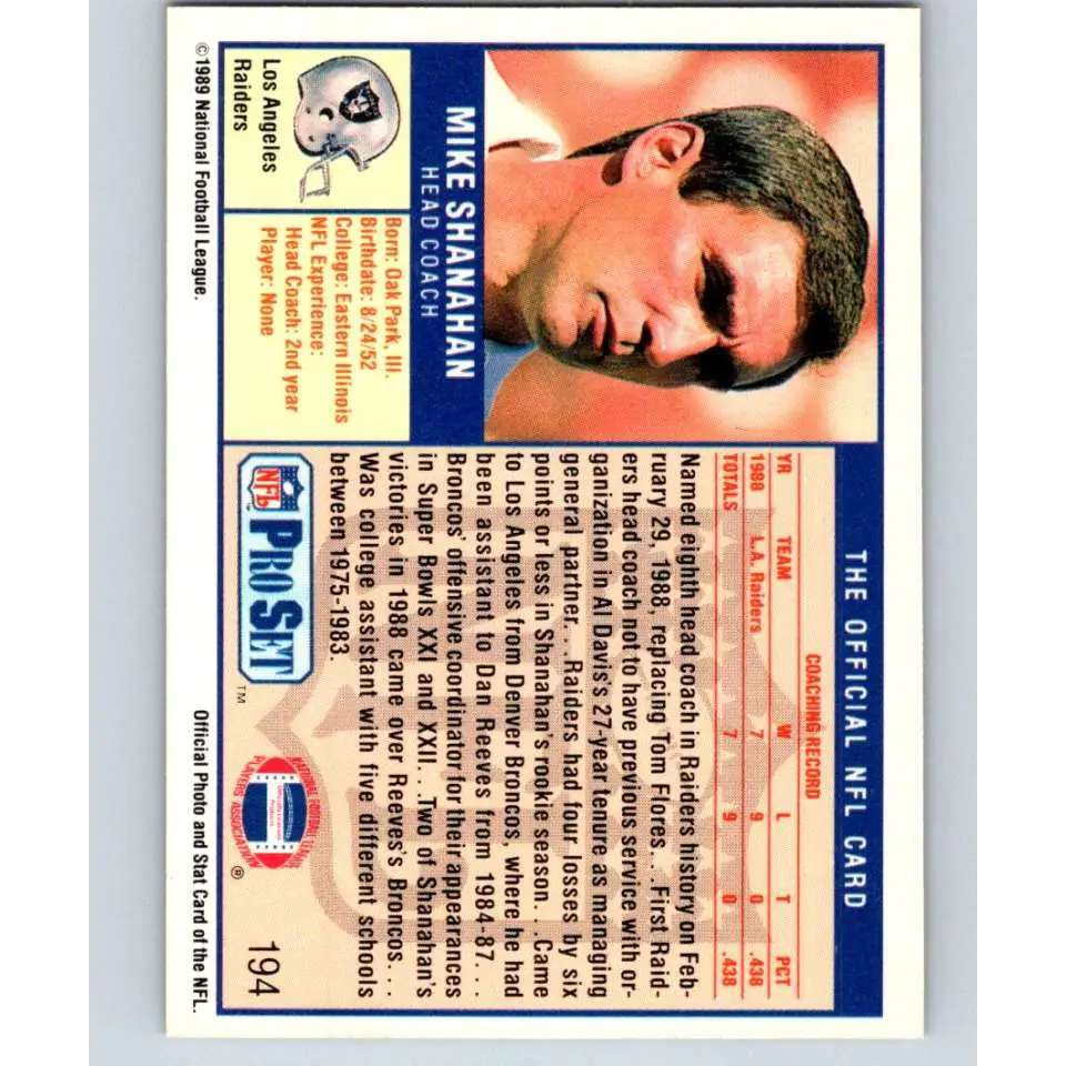 1989 Pro Set #194 Mike Shanahan/ NM-MT RC Rookie Los Angeles Raiders Football Card Image 2