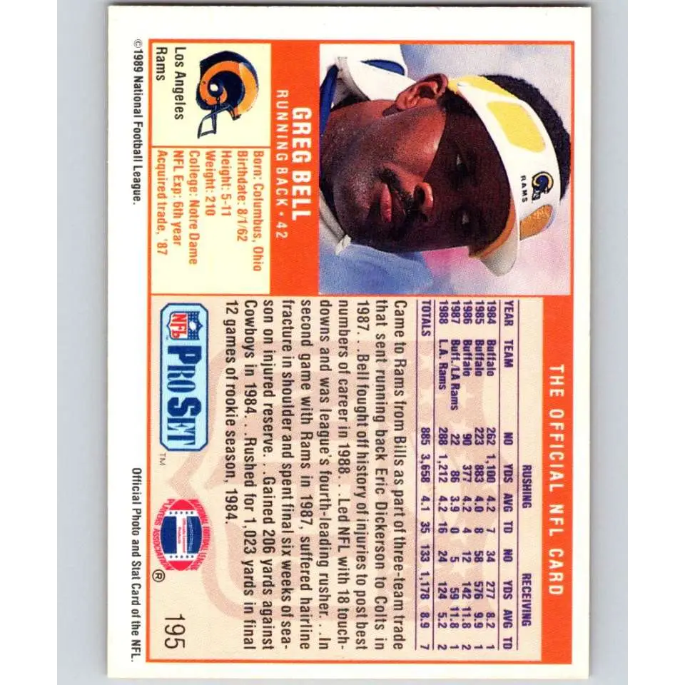 1989 Pro Set #195 Greg Bell NM-MT Los Angeles Rams Football Card Image 2
