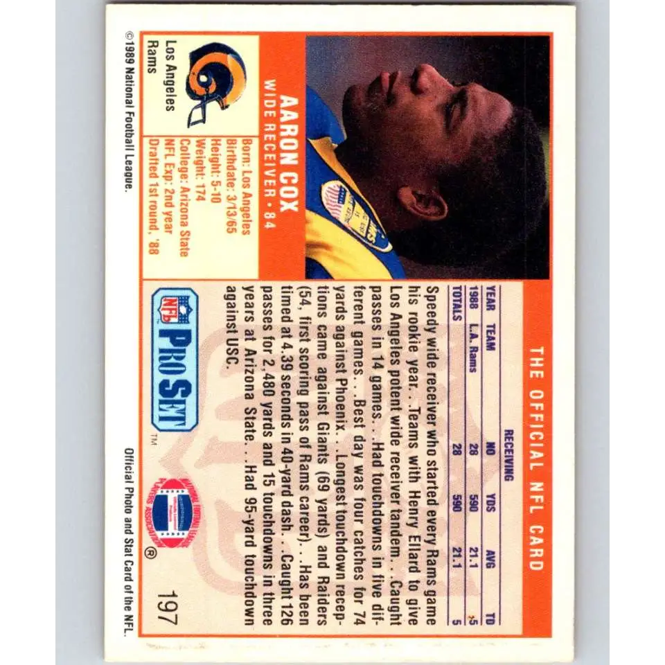 1989 Pro Set #197 Aaron Cox NM-MT RC Rookie Los Angeles Rams Football Card Image 2