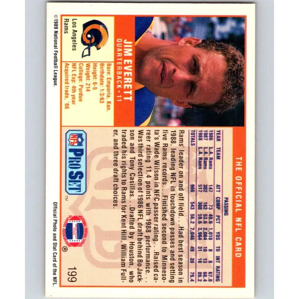 1989 Pro Set #199 Jim Everett NM-MT Los Angeles Rams Football Card Image 2