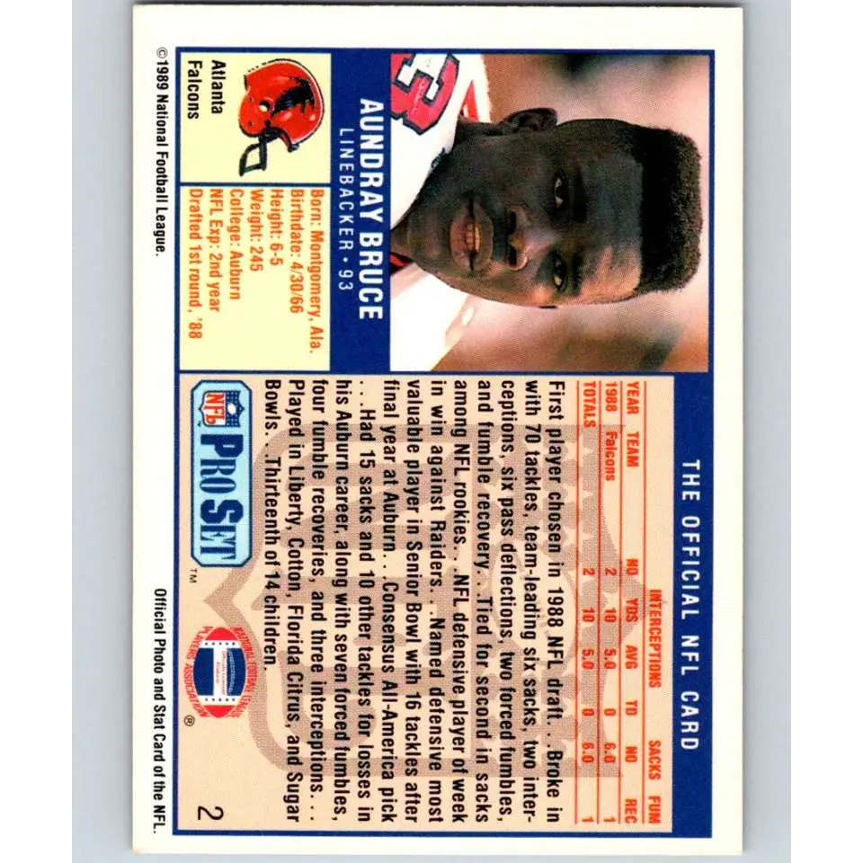 1989 Pro Set #2 Aundray Bruce NM-MT RC Rookie Atlanta Falcons Football Card Image 2