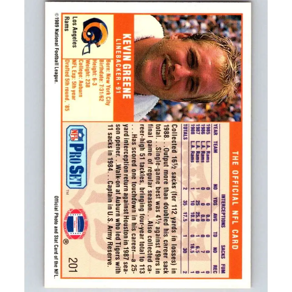1989 Pro Set #201 Kevin Greene NM-MT Los Angeles Rams Football Card Image 2