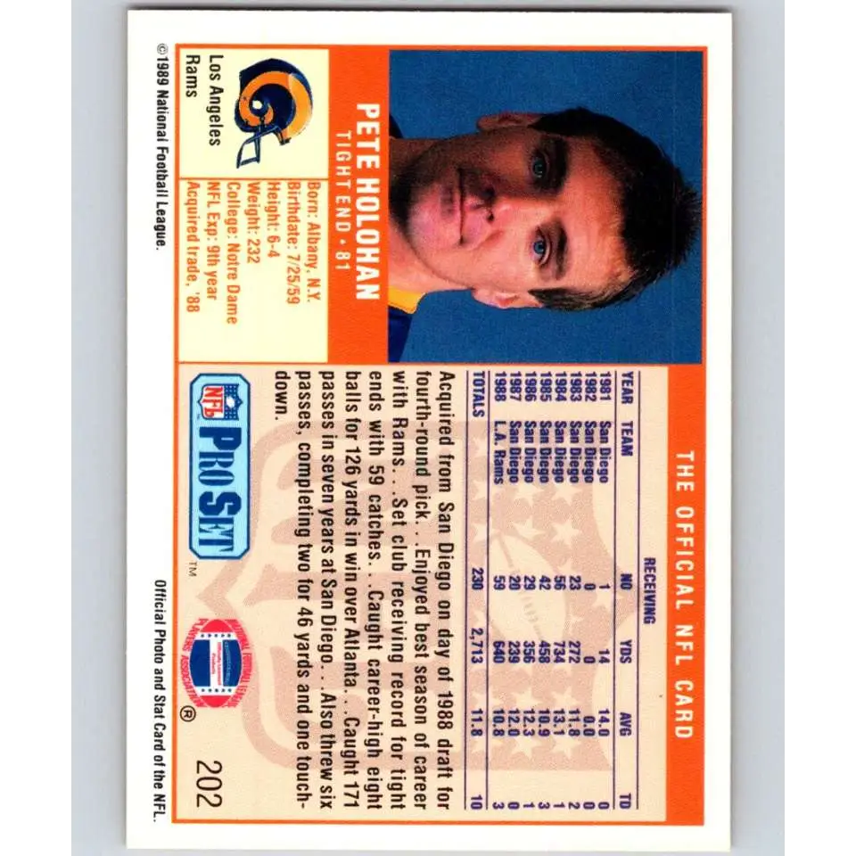 1989 Pro Set #202 Pete Holohan NM-MT Los Angeles Rams Football Card Image 2