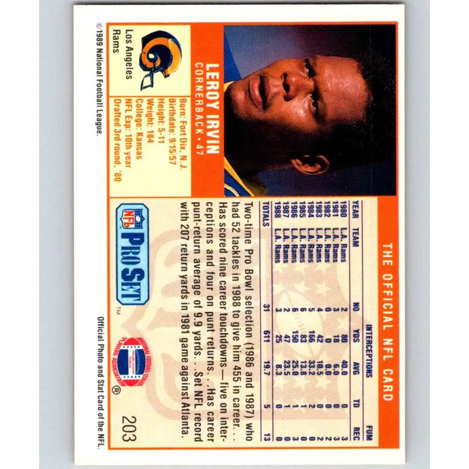 1989 Pro Set #203 LeRoy Irvin NM-MT Los Angeles Rams Football Card Image 2