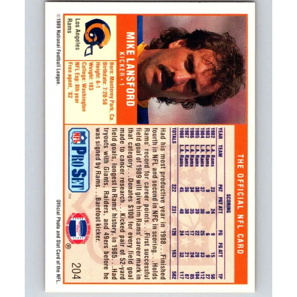1989 Pro Set #204 Mike Lansford NM-MT Los Angeles Rams Football Card Image 2