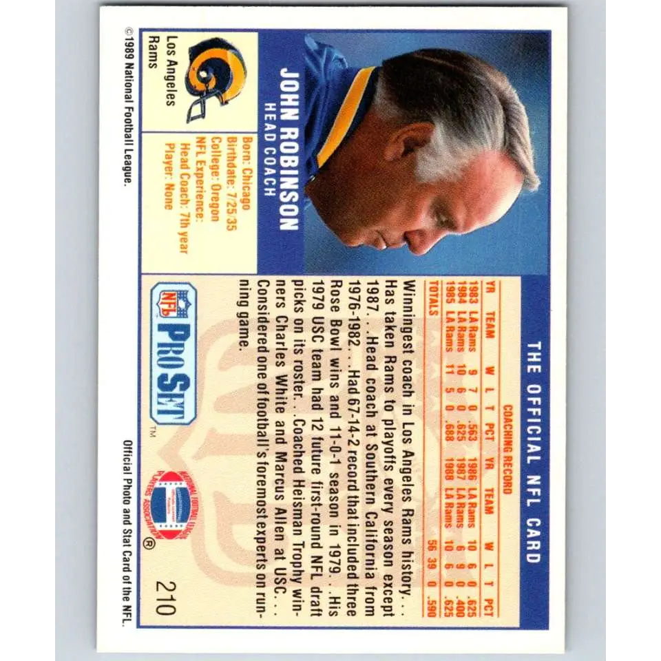 1989 Pro Set #210 John Robinson CO NM-MT Los Angeles Rams Football Card Image 2