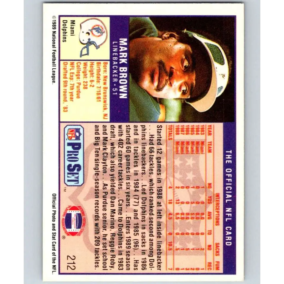 1989 Pro Set #212 Mark Brown NM-MT Miami Dolphins Football Card Image 2