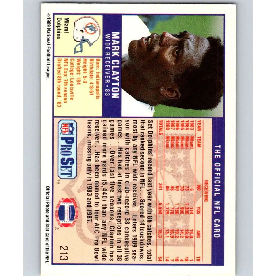 1989 Pro Set #213 Mark Clayton NM-MT Miami Dolphins Football Card Image 2