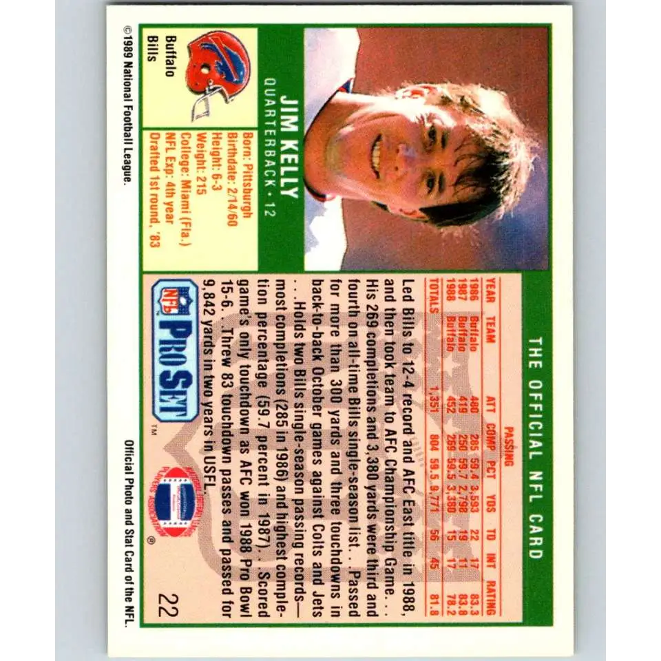 1989 Pro Set #22 Jim Kelly NM-MT Buffalo Bills Football Card Image 2