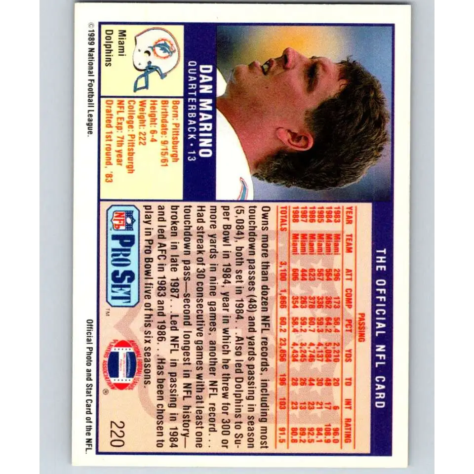 1989 Pro Set #220 Dan Marino NM-MT Miami Dolphins Football Card Image 2
