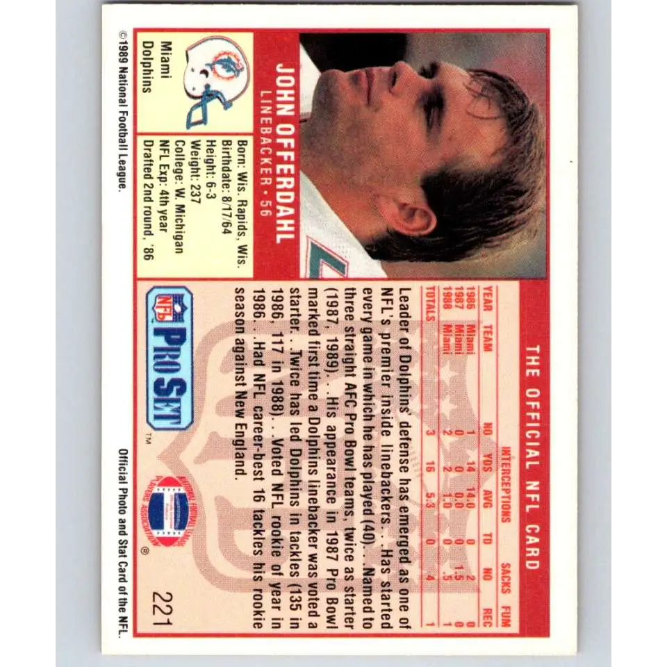 1989 Pro Set #221 John Offerdahl NM-MT Miami Dolphins Football Card Image 2