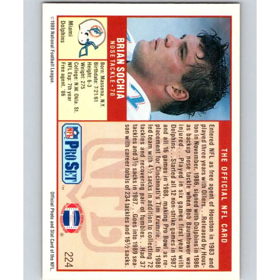 1989 Pro Set #224 Brian Sochia NM-MT Miami Dolphins Football Card Image 2