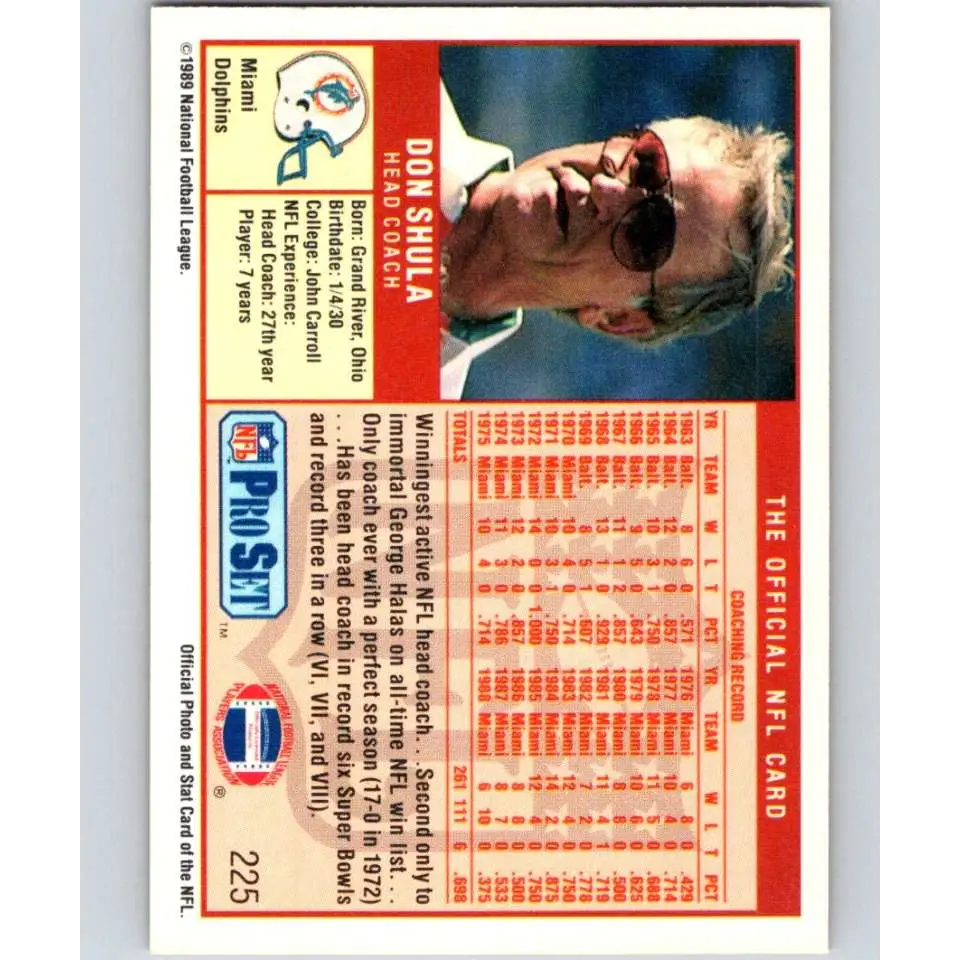 1989 Pro Set #225 Don Shula/ NM-MT RC Rookie Miami Dolphins Football Card Image 2