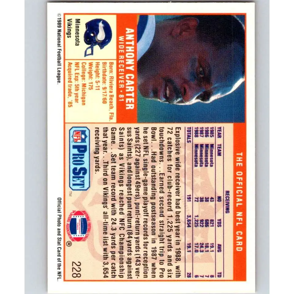 1989 Pro Set #228 Anthony Carter NM-MT Minnesota Vikings Football Card Image 2