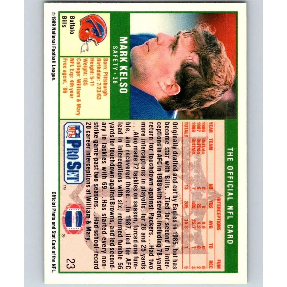 1989 Pro Set #23 Mark Kelso NM-MT Buffalo Bills Football Card Image 2