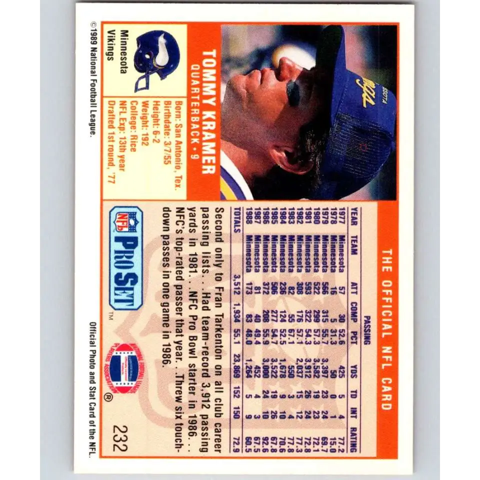 1989 Pro Set #232 Tommy Kramer NM-MT Minnesota Vikings Football Card Image 2