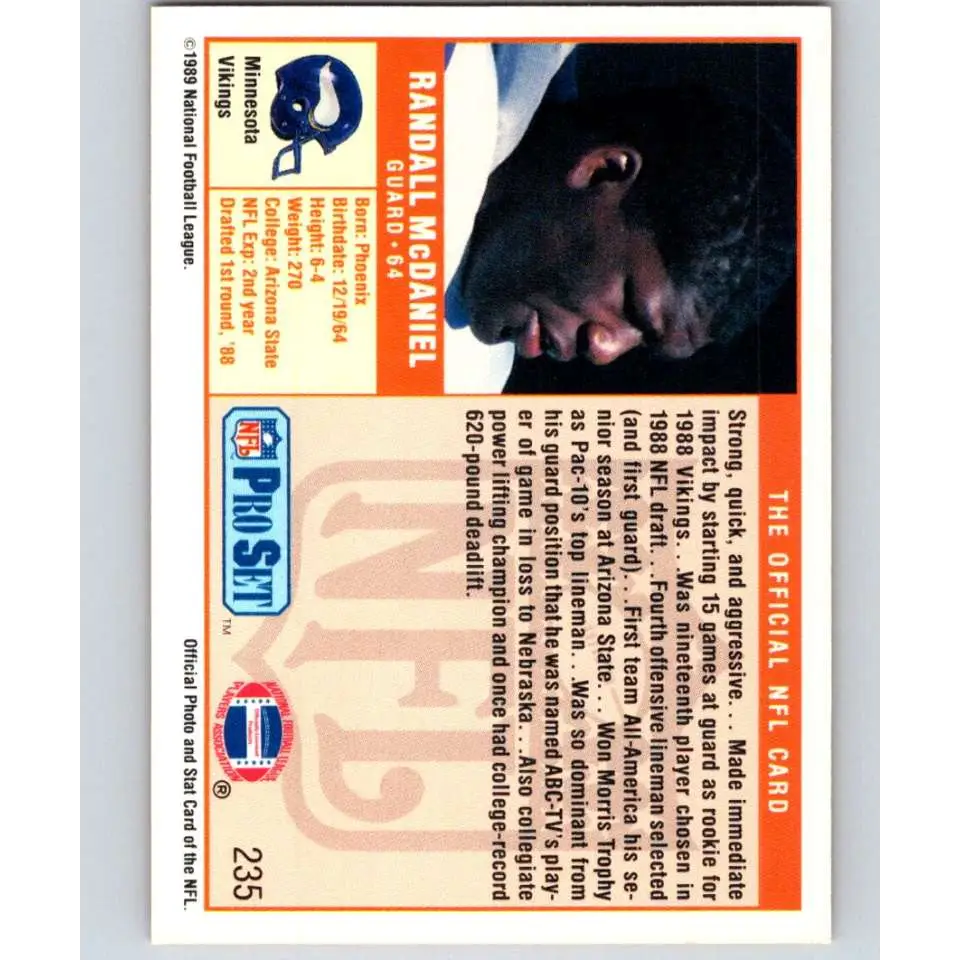 1989 Pro Set #235 Randall McDaniel NM-MT RC Rookie Minnesota Vikings Football Card Image 2