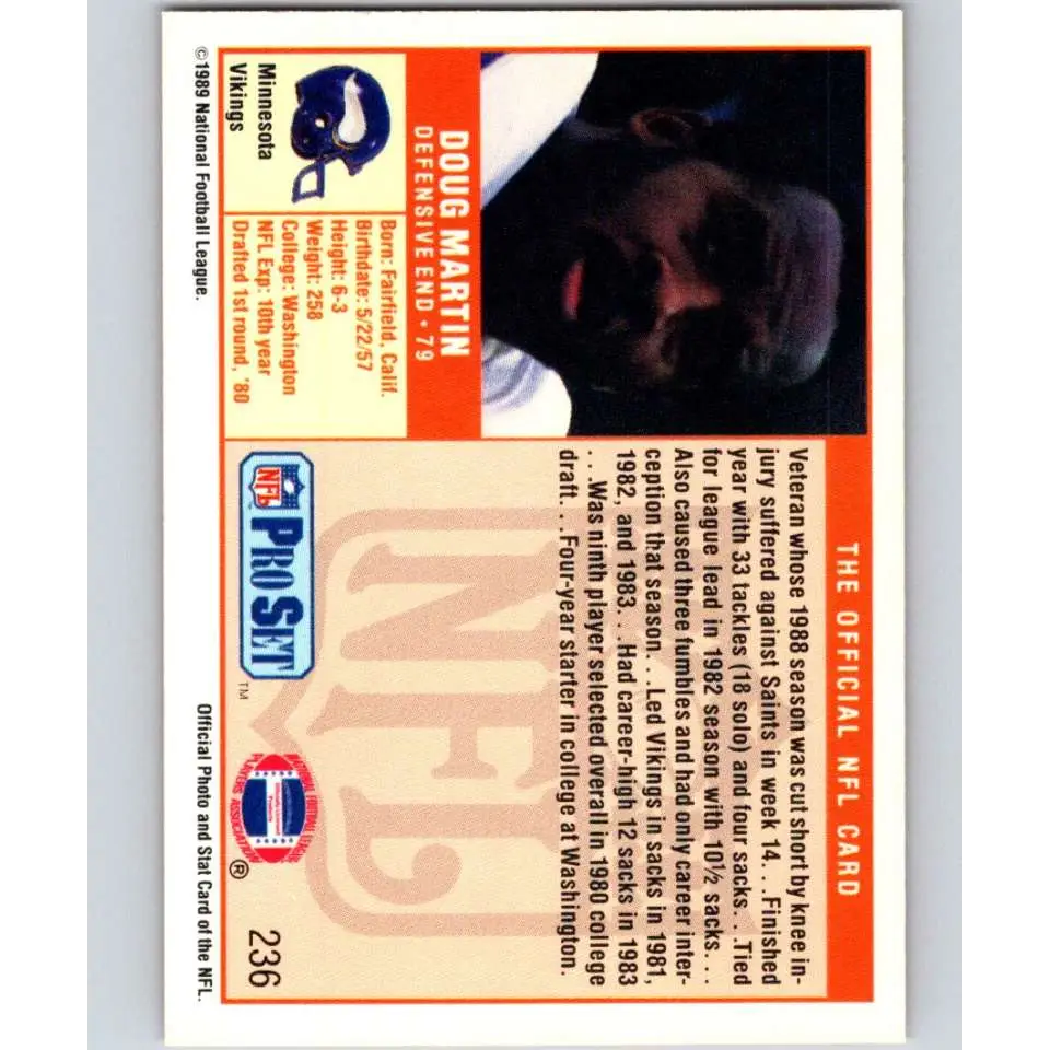 1989 Pro Set #236 Doug Martin NM-MT Minnesota Vikings Football Card Image 2