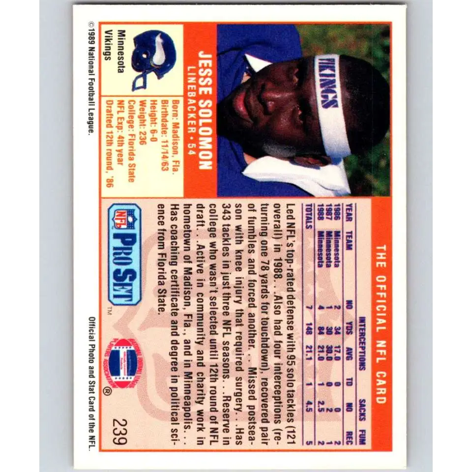 1989 Pro Set #239 Jesse Solomon NM-MT Minnesota Vikings Football Card Image 2