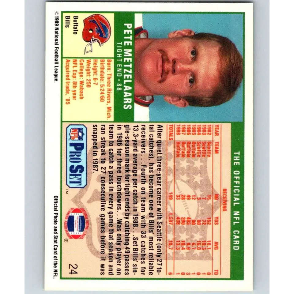 1989 Pro Set #24 Pete Metzelaars NM-MT Buffalo Bills Football Card Image 2