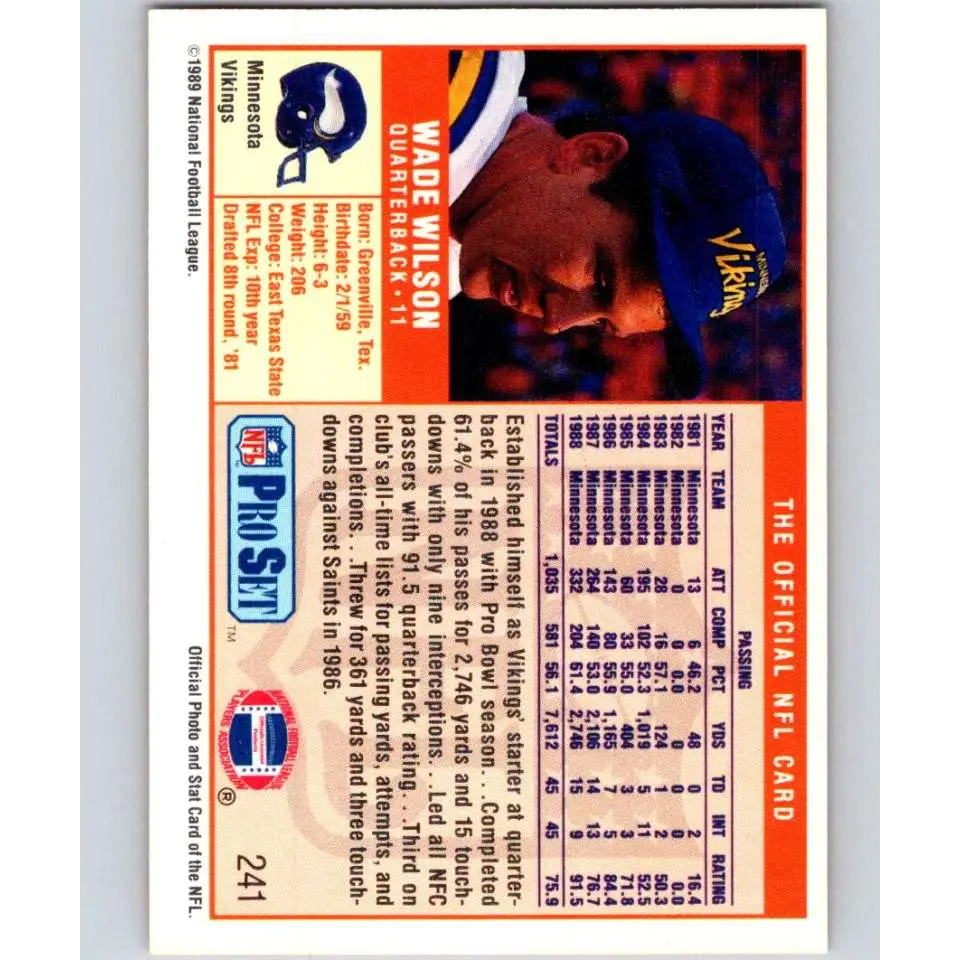 1989 Pro Set #241 Wade Wilson NM-MT Minnesota Vikings Football Card Image 2
