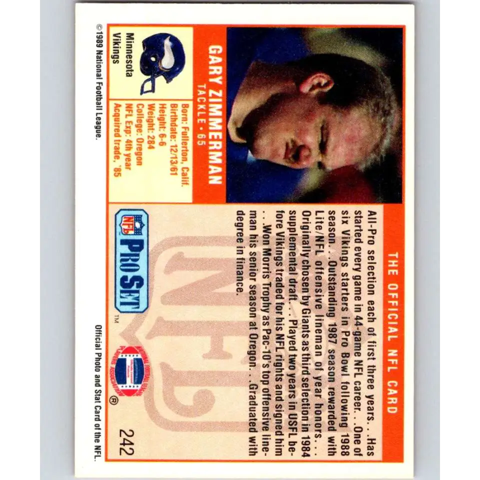 1989 Pro Set #242 Gary Zimmerman NM-MT Minnesota Vikings Football Card Image 2