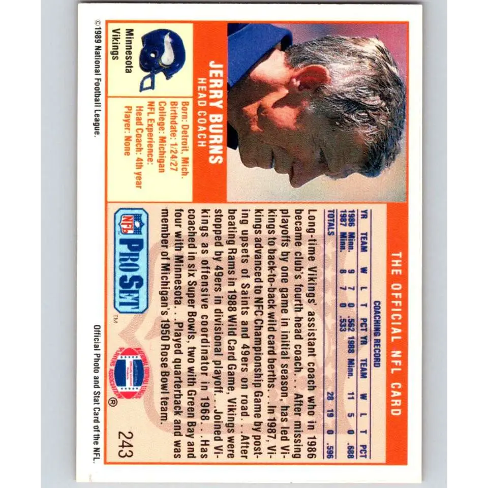 1989 Pro Set #243 Jerry Burns CO NM-MT Minnesota Vikings Football Card Image 2