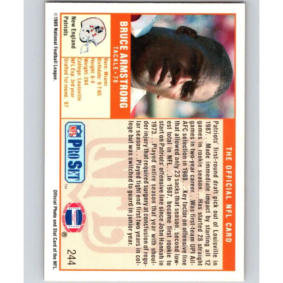 1989 Pro Set #244 Bruce Armstrong NM-MT RC Rookie New England Patriots Football Card Image 2