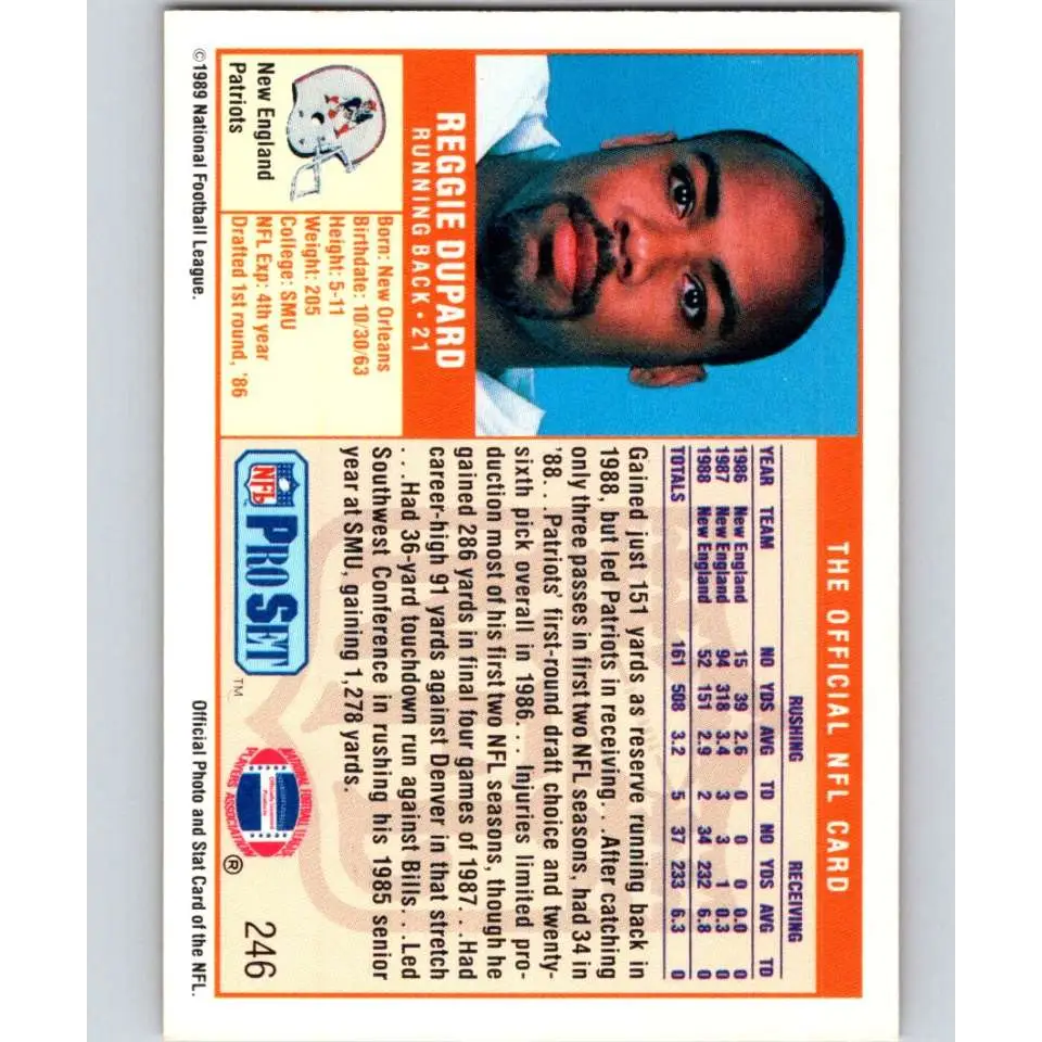 1989 Pro Set #246 Reggie Dupard NM-MT New England Patriots Football Card Image 2