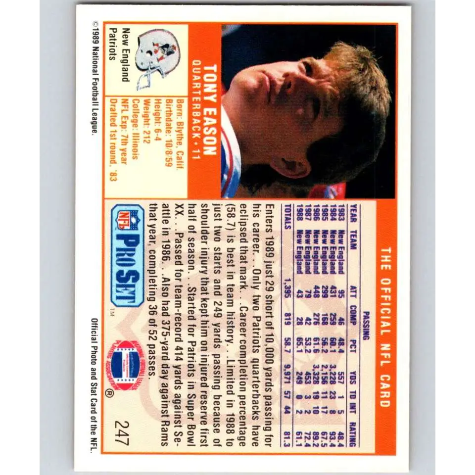 1989 Pro Set #247 Tony Eason NM-MT New England Patriots Football Card Image 2