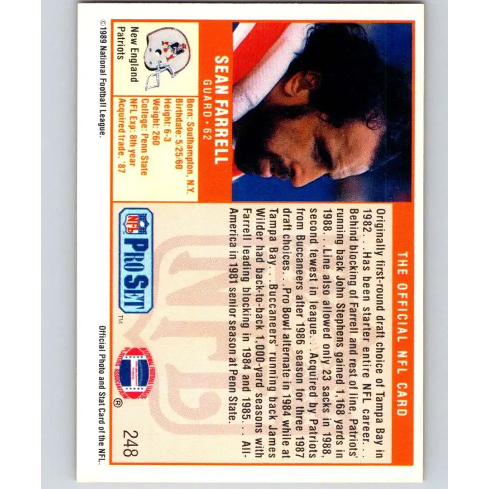 1989 Pro Set #248 Sean Farrell NM-MT New England Patriots Football Card Image 2