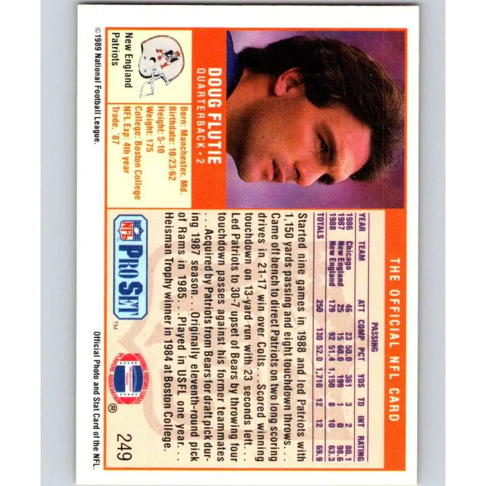 1989 Pro Set #249 Doug Flutie NM-MT New England Patriots Football Card Image 2