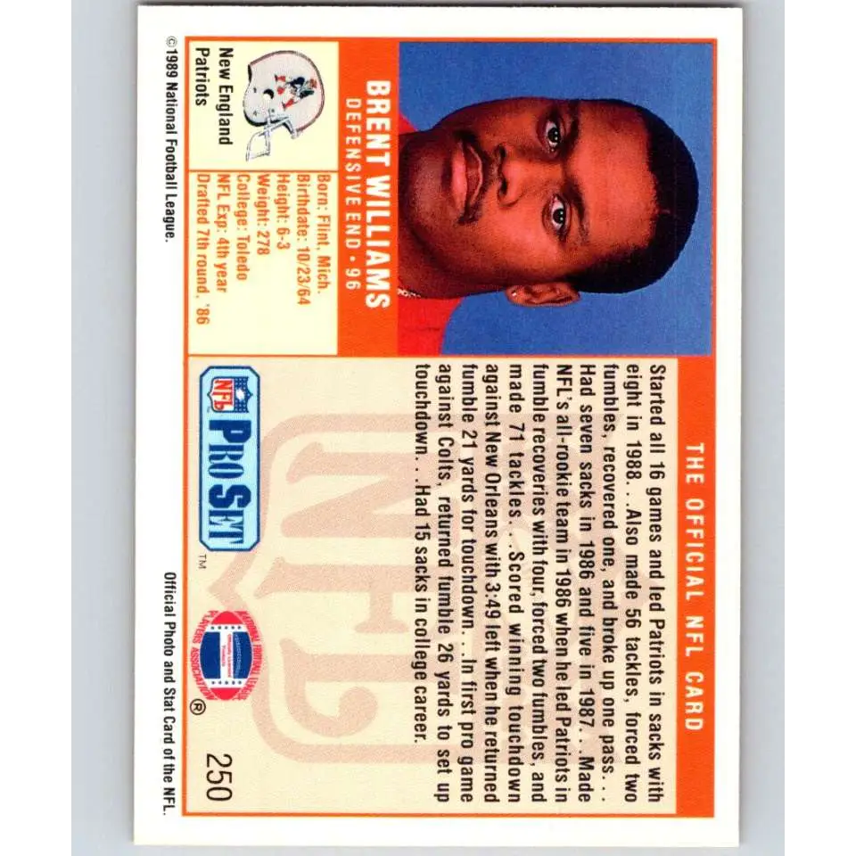 1989 Pro Set #250 Brent Williams NM-MT RC Rookie New England Patriots Football Card Image 2