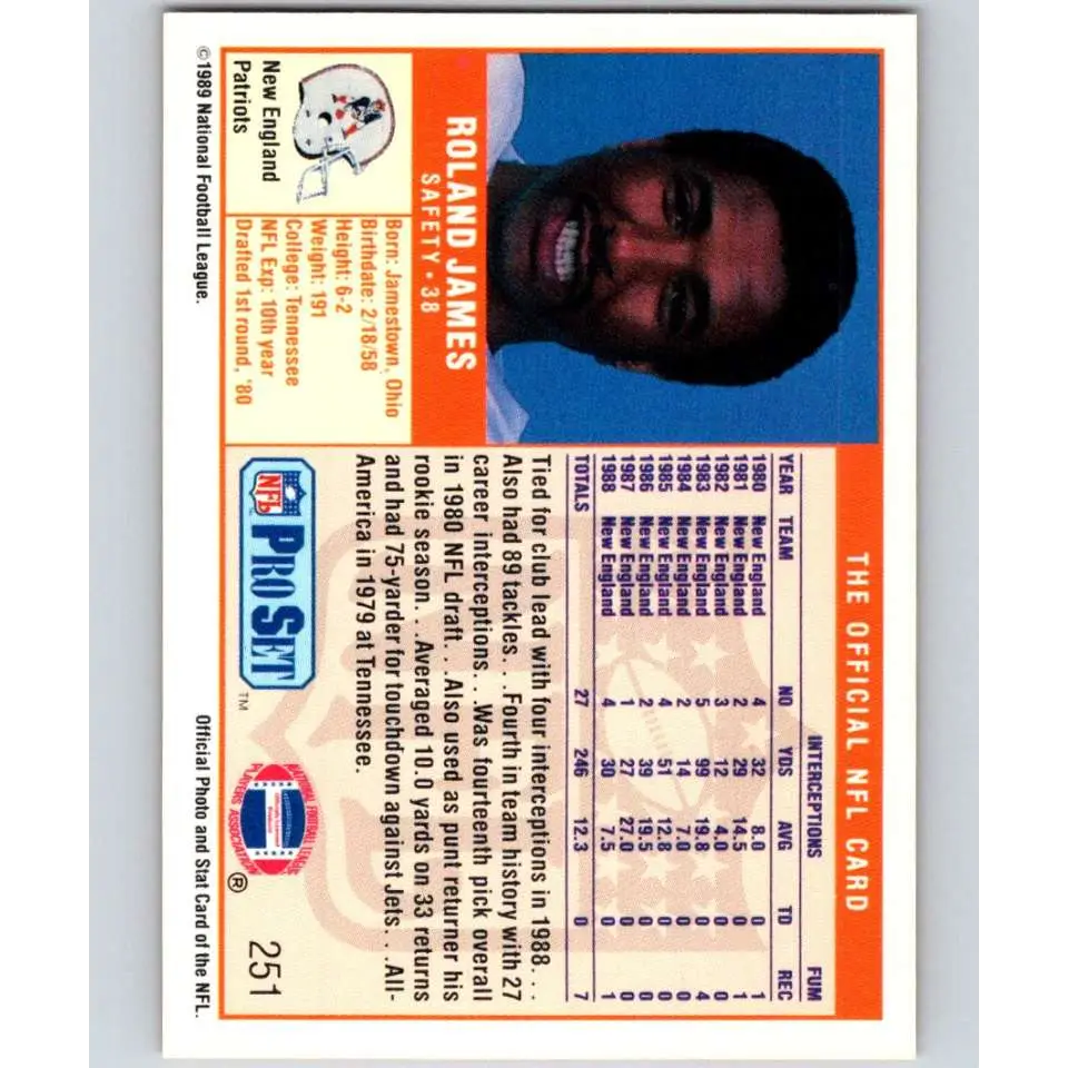 1989 Pro Set #251 Roland James NM-MT New England Patriots Football Card Image 2