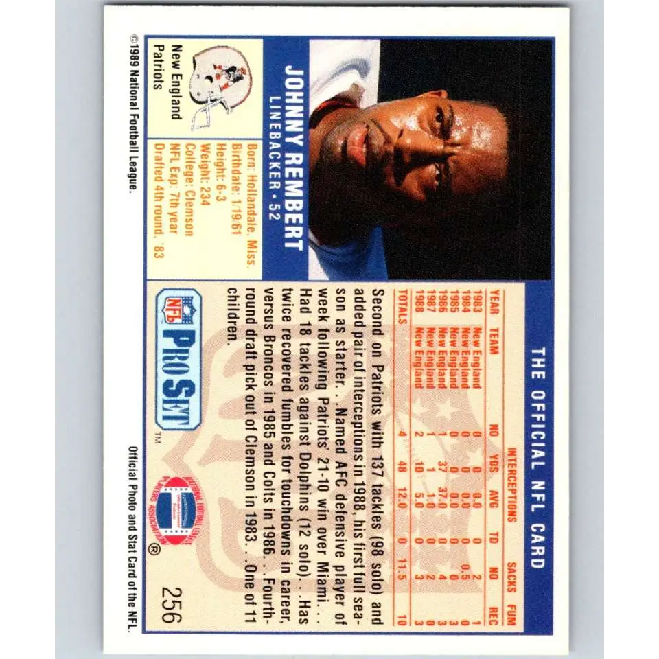 1989 Pro Set #256 Johnny Rembert NM-MT RC Rookie New England Patriots Football Card Image 2