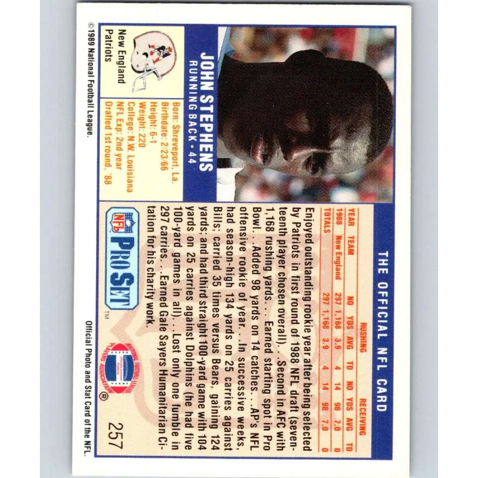 1989 Pro Set #257 John Stephens NM-MT RC Rookie New England Patriots Football Card Image 2