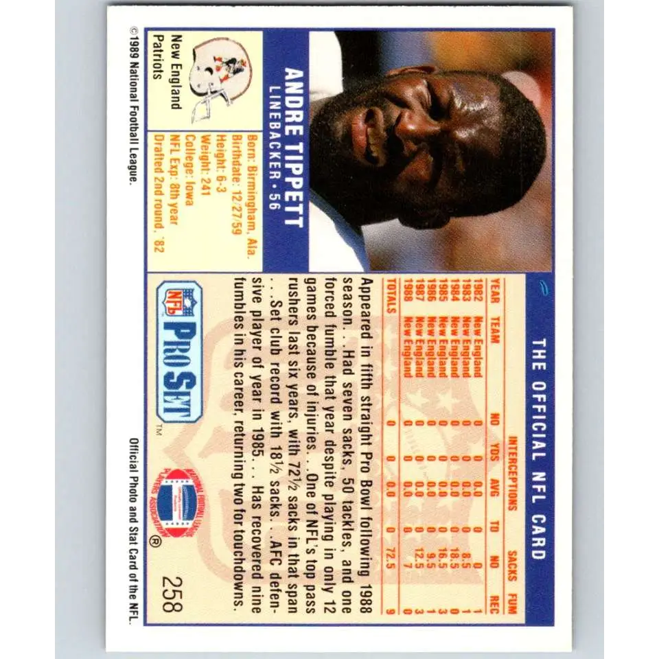 1989 Pro Set #258 Andre Tippett NM-MT New England Patriots Football Card Image 2