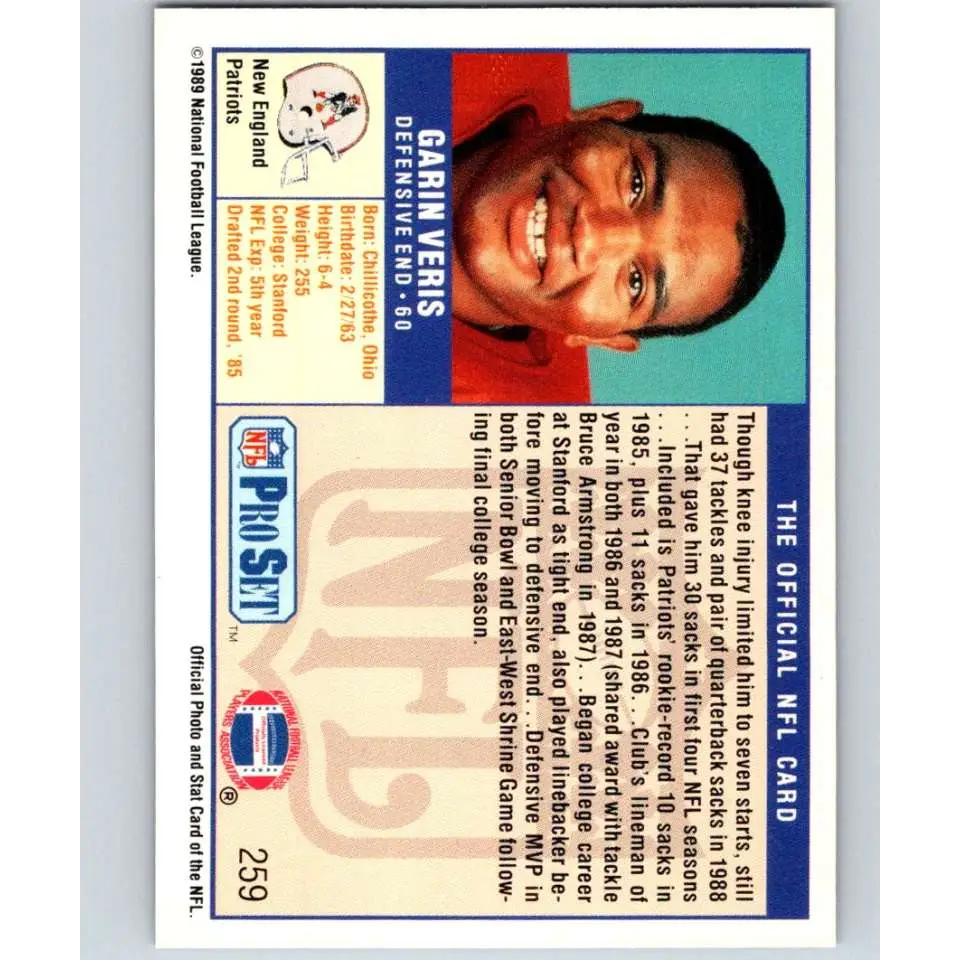 1989 Pro Set #259 Garin Veris NM-MT New England Patriots Football Card Image 2