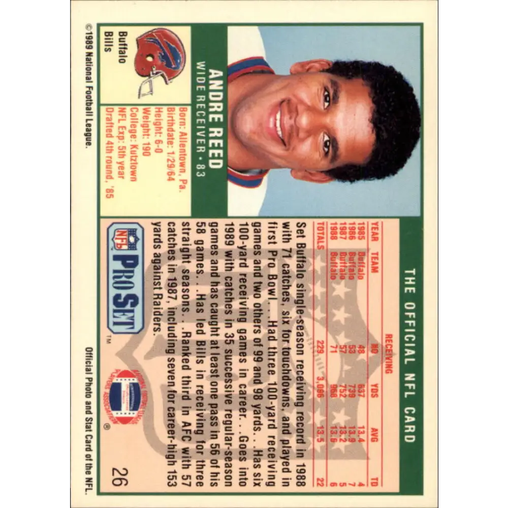 1989 Pro Set #26 Andre Reed NM-MT Buffalo Bills Football Card Image 2