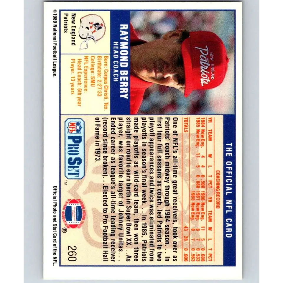 1989 Pro Set #260a Raymond Berry CO NM-MT New England Patriots Football Card Image 2