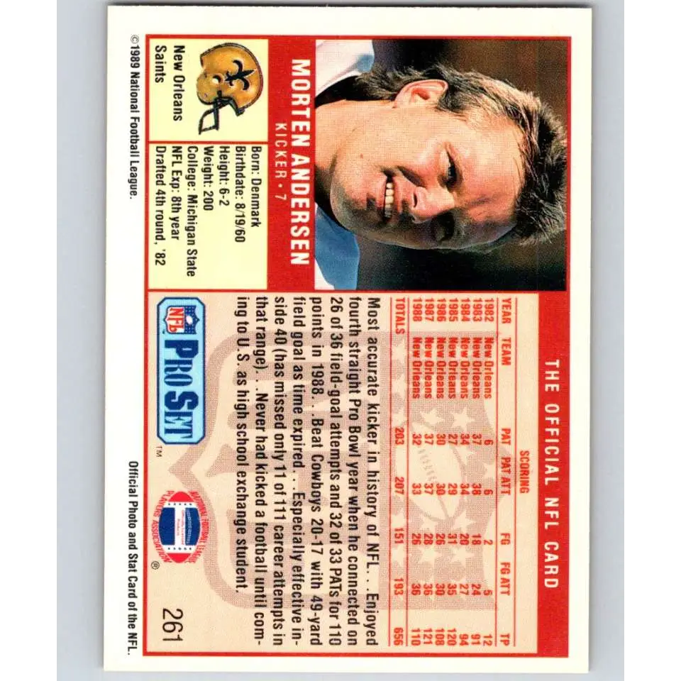 1989 Pro Set #261 Morten Andersen NM-MT New Orleans Saints Football Card Image 2