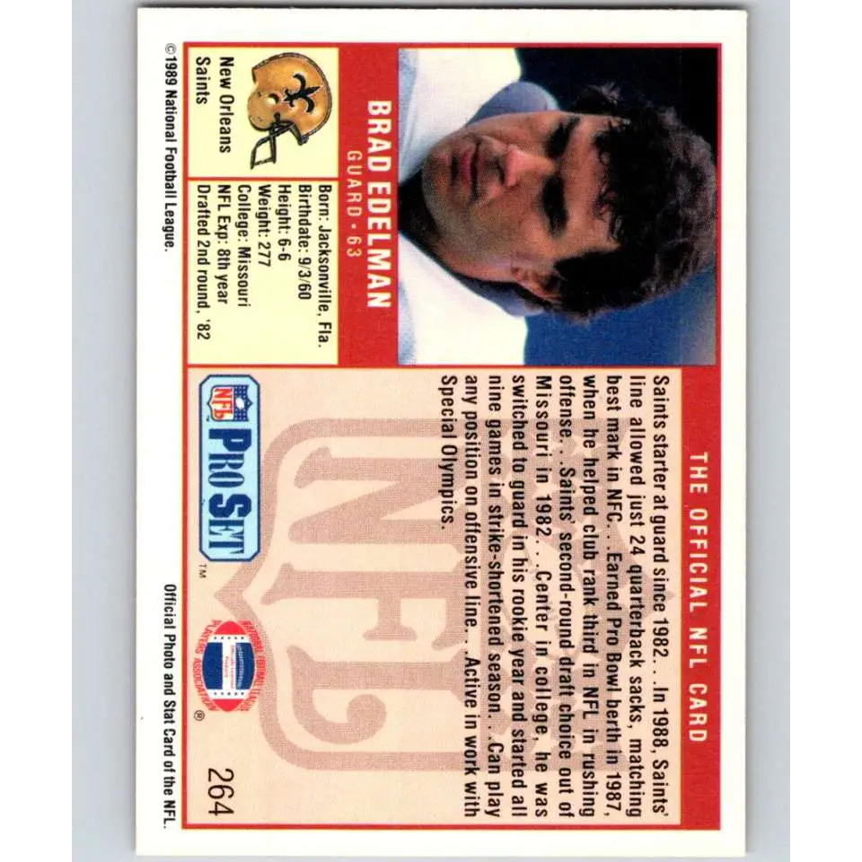 1989 Pro Set #264 Brad Edelman NM-MT New Orleans Saints Football Card Image 2