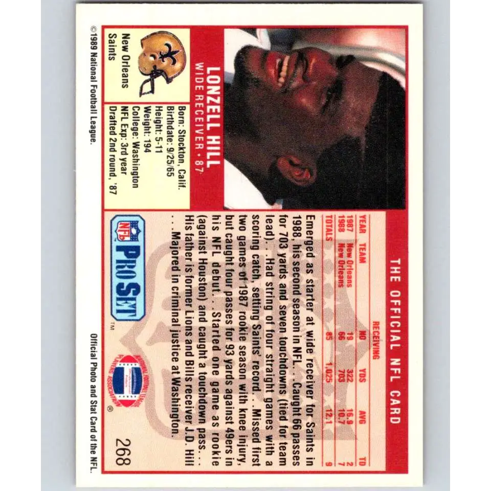 1989 Pro Set #268 Lonzell Hill NM-MT New Orleans Saints Football Card Image 2