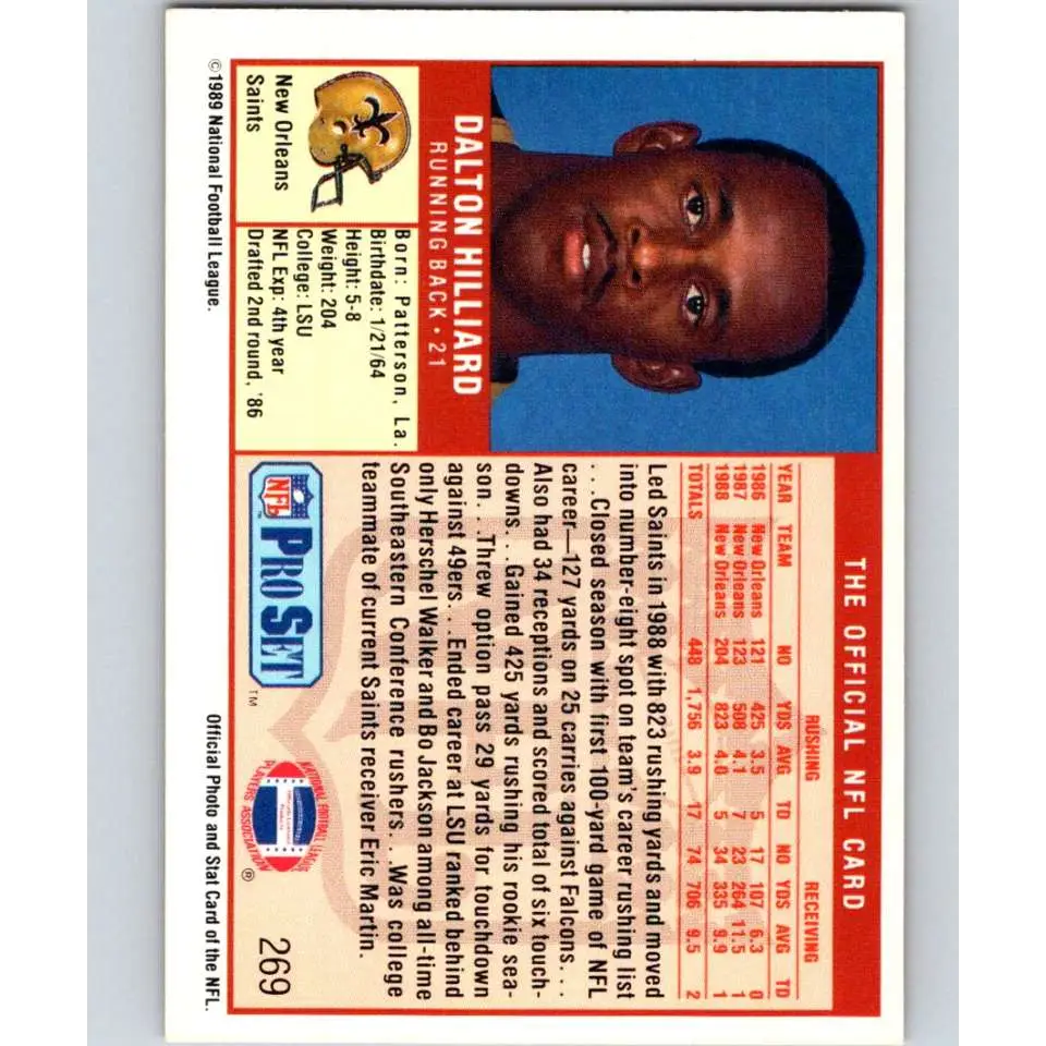 1989 Pro Set #269 Dalton Hilliard NM-MT New Orleans Saints Football Card Image 2