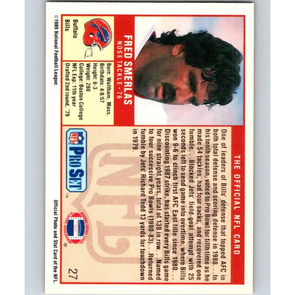 1989 Pro Set #27 Fred Smerlas NM-MT Buffalo Bills Football Card Image 2